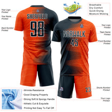 Laden Sie das Bild in den Galerie-Viewer, Custom Orange Navy-White Gradient Arrow Sublimation Soccer Uniform Jersey