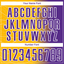 Laden Sie das Bild in den Galerie-Viewer, Custom Gold Purple-White Gradient Arrow Sublimation Soccer Uniform Jersey