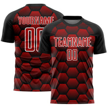 Load image into Gallery viewer, Custom Black Red-White Hexagons Pattern Sublimation Soccer Uniform Jersey