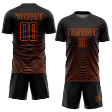Laden Sie das Bild in den Galerie-Viewer, Custom Black Orange Gradient Geometric Lines Sublimation Soccer Uniform Jersey