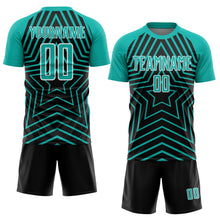 Laden Sie das Bild in den Galerie-Viewer, Custom Black Aqua-White Stars Sublimation Soccer Uniform Jersey