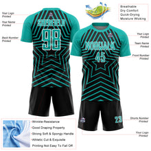Laden Sie das Bild in den Galerie-Viewer, Custom Black Aqua-White Stars Sublimation Soccer Uniform Jersey
