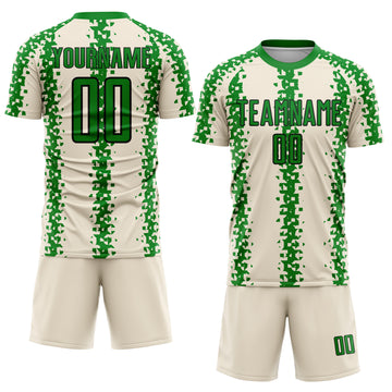 Custom Cream Grass Green-Black Abstract Geometric Pattern Sublimation Soccer Uniform Jersey