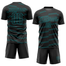 Load image into Gallery viewer, Custom Black Teal Lines Sublimation Soccer Uniform Jersey