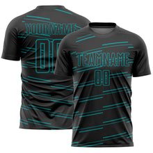 Load image into Gallery viewer, Custom Black Teal Lines Sublimation Soccer Uniform Jersey
