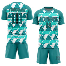 Load image into Gallery viewer, Custom Teal White-Black Geometric Shapes Sublimation Soccer Uniform Jersey
