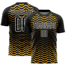 Load image into Gallery viewer, Custom Black Gold-White Geometric Lines Sublimation Soccer Uniform Jersey