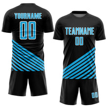 Charger l'image dans la galerie, Custom Black Sky Blue-White Lines Sublimation Soccer Uniform Jersey