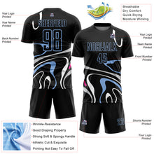 Load image into Gallery viewer, Custom Black Light Blue Fluid Shapes Sublimation Soccer Uniform Jersey