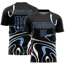 Load image into Gallery viewer, Custom Black Light Blue Fluid Shapes Sublimation Soccer Uniform Jersey