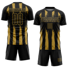 Laden Sie das Bild in den Galerie-Viewer, Custom Black Old Gold Abstract Stripes Sublimation Soccer Uniform Jersey