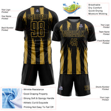 Laden Sie das Bild in den Galerie-Viewer, Custom Black Old Gold Abstract Stripes Sublimation Soccer Uniform Jersey