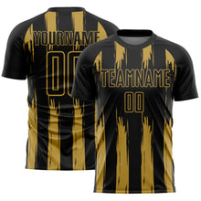 Laden Sie das Bild in den Galerie-Viewer, Custom Black Old Gold Abstract Stripes Sublimation Soccer Uniform Jersey