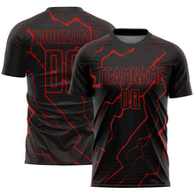 Загрузить изображение в средство просмотра галереи, Custom Black Red Lightning Sublimation Soccer Uniform Jersey