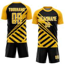 Laden Sie das Bild in den Galerie-Viewer, Custom Black Gold-White Lines Sublimation Soccer Uniform Jersey