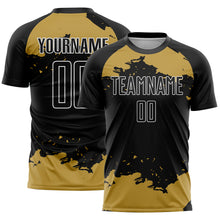 Загрузить изображение в средство просмотра галереи, Custom Black Old Gold-White Abstract Fragment Art Sublimation Soccer Uniform Jersey