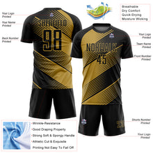 Загрузить изображение в средство просмотра галереи, Custom Black Old Gold Line Sublimation Soccer Uniform Jersey