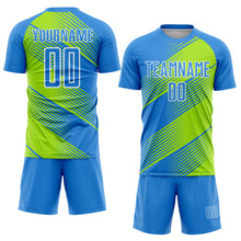 Laden Sie das Bild in den Galerie-Viewer, Custom Powder Blue Neon Green-White Line Sublimation Soccer Uniform Jersey