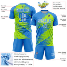 Laden Sie das Bild in den Galerie-Viewer, Custom Powder Blue Neon Green-White Line Sublimation Soccer Uniform Jersey
