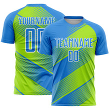 Laden Sie das Bild in den Galerie-Viewer, Custom Powder Blue Neon Green-White Line Sublimation Soccer Uniform Jersey