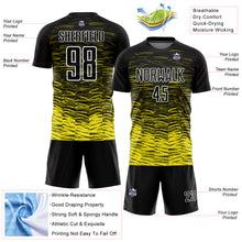 Загрузить изображение в средство просмотра галереи, Custom Black Light Yellow-White Line Sublimation Soccer Uniform Jersey