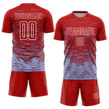 Load image into Gallery viewer, Custom Red Light Blue-White Line Sublimation Soccer Uniform Jersey
