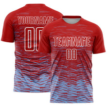 Load image into Gallery viewer, Custom Red Light Blue-White Line Sublimation Soccer Uniform Jersey