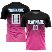 Laden Sie das Bild in den Galerie-Viewer, Custom Pink Black-Light Blue Gradient Square Shape Sublimation Soccer Uniform Jersey