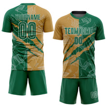 Загрузить изображение в средство просмотра галереи, Custom Graffiti Pattern Kelly Green-Old Gold Scratch Sublimation Soccer Uniform Jersey