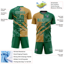 Загрузить изображение в средство просмотра галереи, Custom Graffiti Pattern Kelly Green-Old Gold Scratch Sublimation Soccer Uniform Jersey