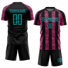 Laden Sie das Bild in den Galerie-Viewer, Custom Black Teal-Pink Abstract Shape Sublimation Soccer Uniform Jersey