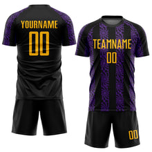 Laden Sie das Bild in den Galerie-Viewer, Custom Black Gold-Purple Abstract Shape Sublimation Soccer Uniform Jersey