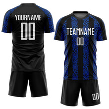 Charger l'image dans la galerie, Custom Black White-Thunder Blue Abstract Shape Sublimation Soccer Uniform Jersey