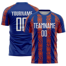 Laden Sie das Bild in den Galerie-Viewer, Custom Royal White-Orange Abstract Shape Sublimation Soccer Uniform Jersey