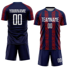 Laden Sie das Bild in den Galerie-Viewer, Custom Navy White-Red Abstract Shape Sublimation Soccer Uniform Jersey