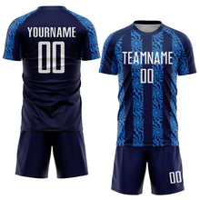 Laden Sie das Bild in den Galerie-Viewer, Custom Navy White-Powder Blue Abstract Shape Sublimation Soccer Uniform Jersey