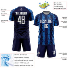 Laden Sie das Bild in den Galerie-Viewer, Custom Navy White-Powder Blue Abstract Shape Sublimation Soccer Uniform Jersey