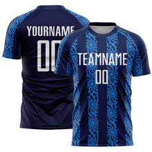 Laden Sie das Bild in den Galerie-Viewer, Custom Navy White-Powder Blue Abstract Shape Sublimation Soccer Uniform Jersey