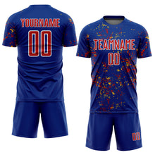 Load image into Gallery viewer, Custom Royal Red-Gold Abstract Fragment Art Sublimation Soccer Uniform Jersey