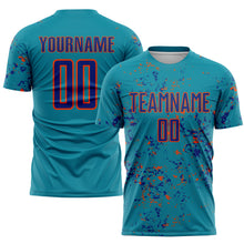Laden Sie das Bild in den Galerie-Viewer, Custom Teal Royal-Orange Abstract Fragment Art Sublimation Soccer Uniform Jersey