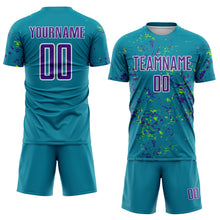 Загрузить изображение в средство просмотра галереи, Custom Teal Purple-Neon Green Abstract Fragment Art Sublimation Soccer Uniform Jersey