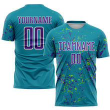 Загрузить изображение в средство просмотра галереи, Custom Teal Purple-Neon Green Abstract Fragment Art Sublimation Soccer Uniform Jersey