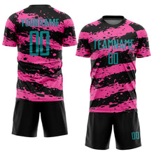 Laden Sie das Bild in den Galerie-Viewer, Custom Black Teal-Pink Splash Sublimation Soccer Uniform Jersey