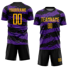 Laden Sie das Bild in den Galerie-Viewer, Custom Black Gold-Purple Splash Sublimation Soccer Uniform Jersey