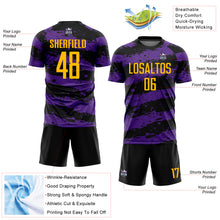 Laden Sie das Bild in den Galerie-Viewer, Custom Black Gold-Purple Splash Sublimation Soccer Uniform Jersey