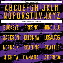 Laden Sie das Bild in den Galerie-Viewer, Custom Black Gold-Purple Splash Sublimation Soccer Uniform Jersey