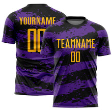 Laden Sie das Bild in den Galerie-Viewer, Custom Black Gold-Purple Splash Sublimation Soccer Uniform Jersey
