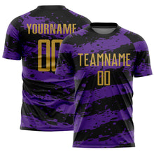 Загрузить изображение в средство просмотра галереи, Custom Black Old Gold-Purple Splash Sublimation Soccer Uniform Jersey
