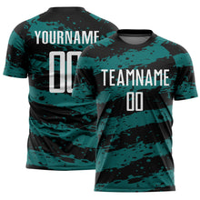 Load image into Gallery viewer, Custom Black White-Teal Splash Sublimation Soccer Uniform Jersey