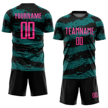 Laden Sie das Bild in den Galerie-Viewer, Custom Black Pink-Teal Splash Sublimation Soccer Uniform Jersey